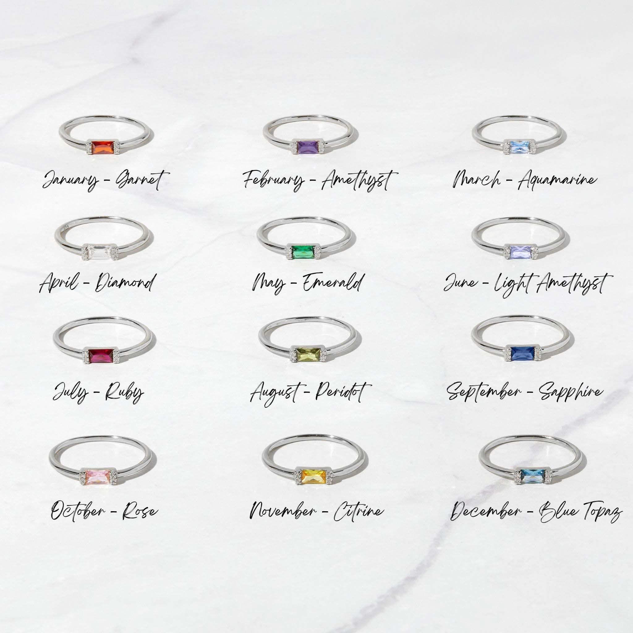 Silver Simple Baguette Birthstone Rings