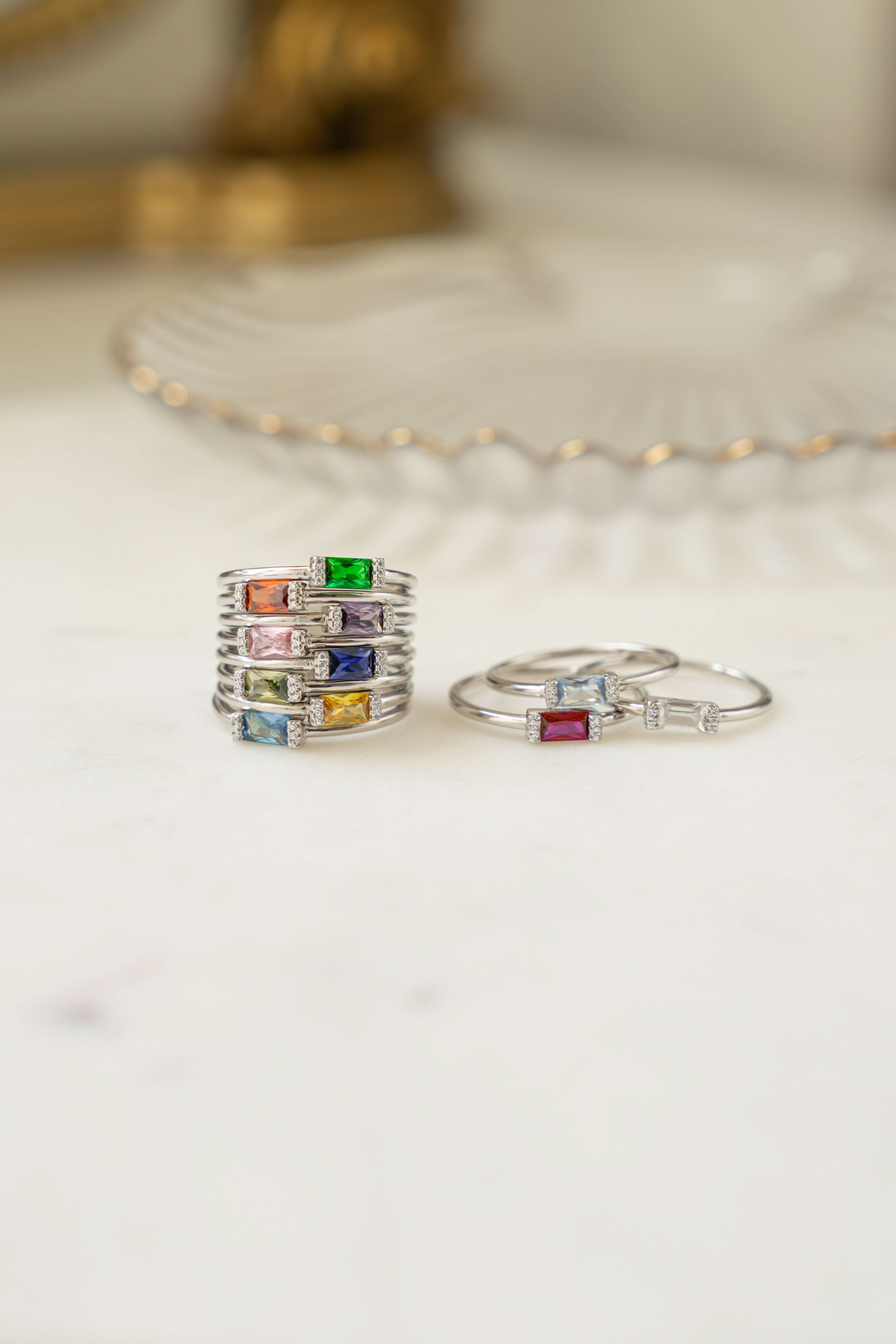 Silver Simple Baguette Birthstone Rings