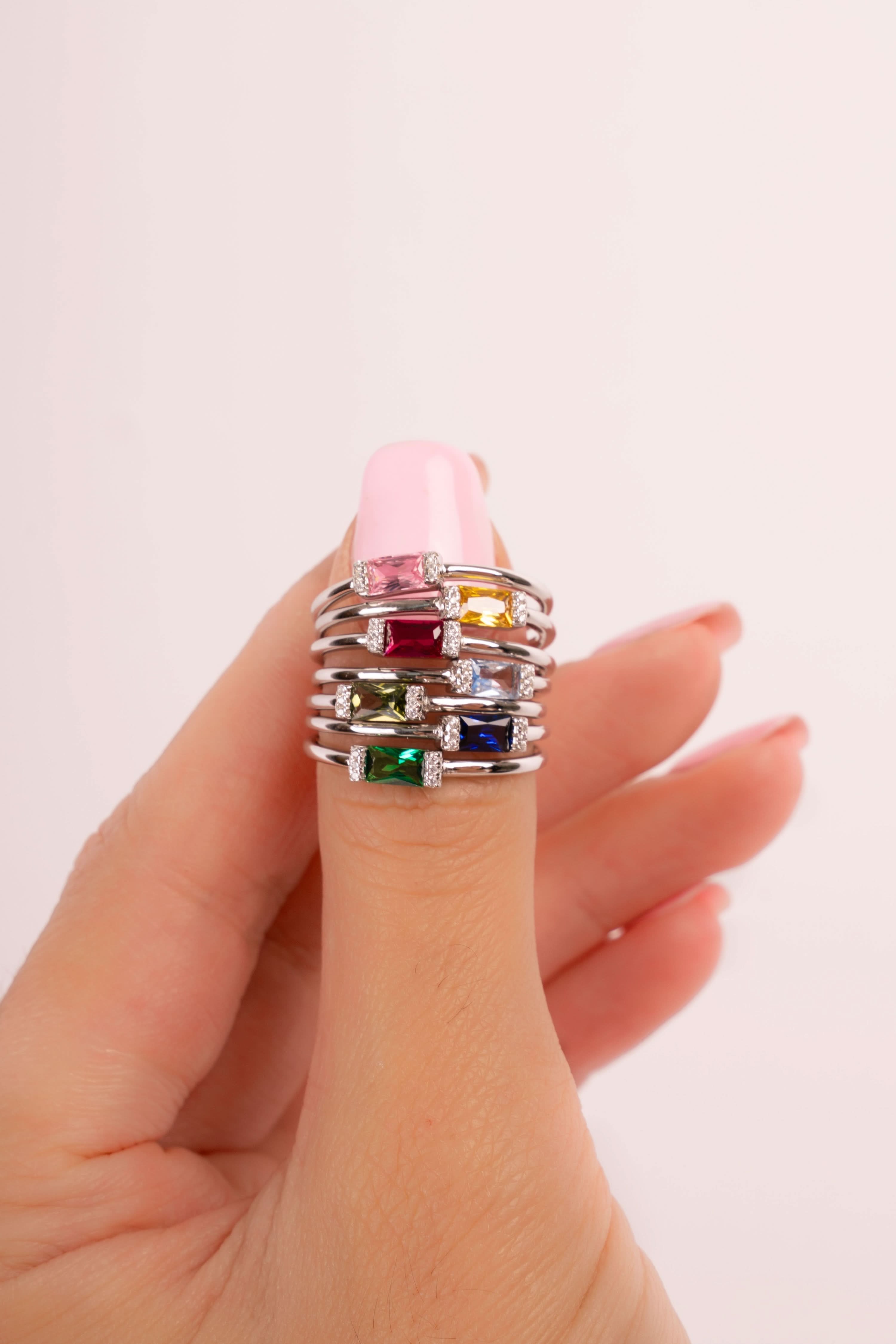 Silver Simple Baguette Birthstone Rings