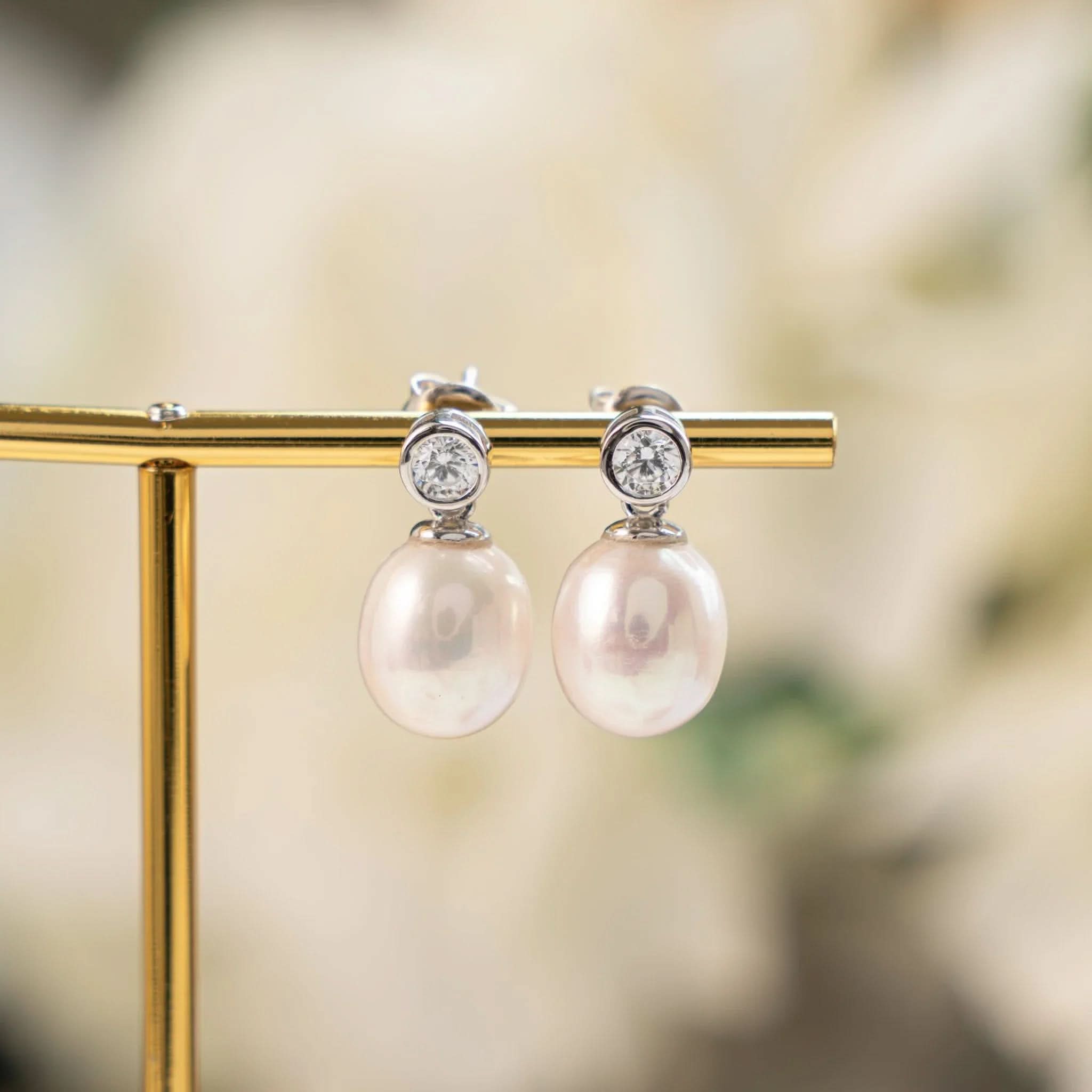 Bezel & Pearl Drop Earrings