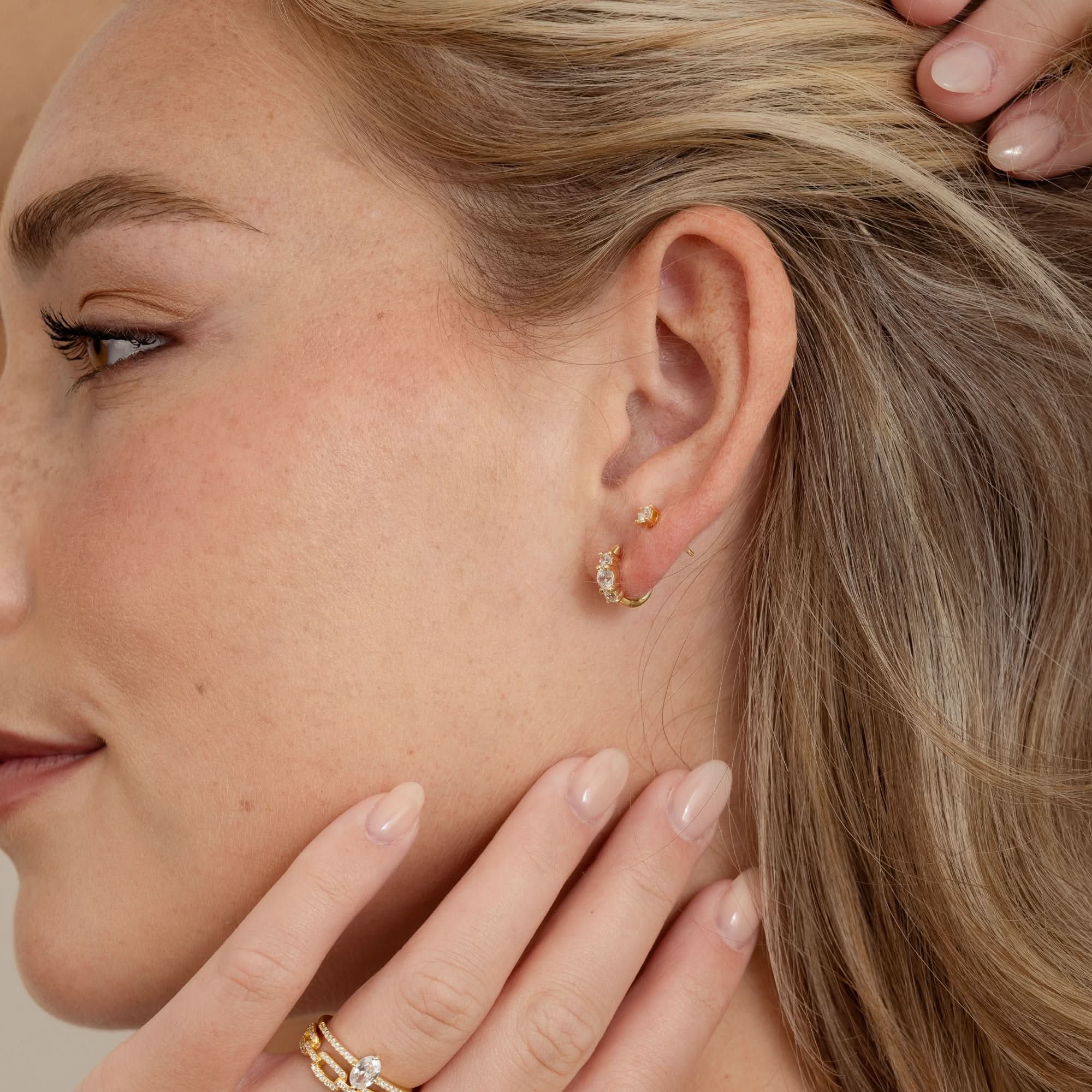 Three Stone Huggie Hoops