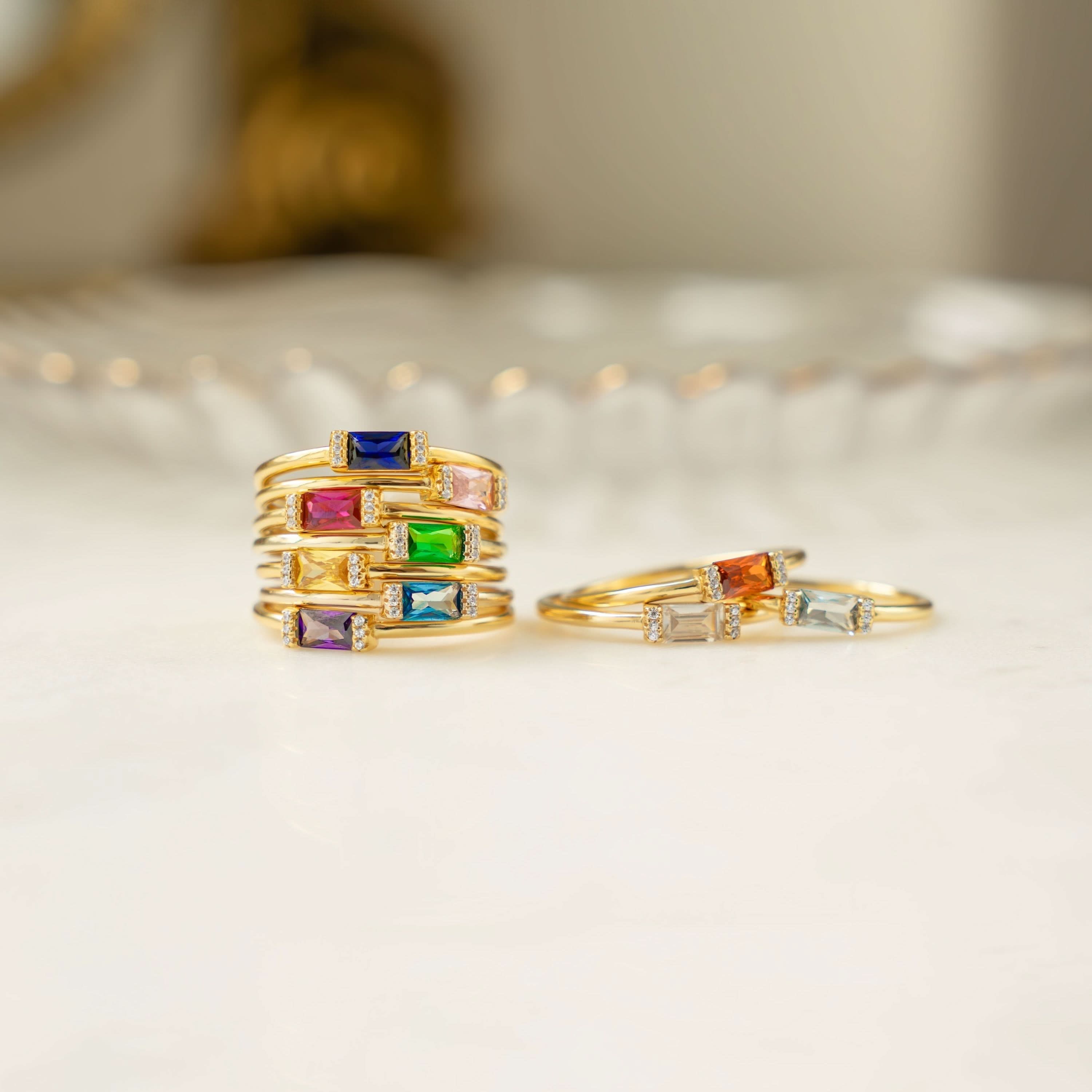 Gold Simple Baguette Birthstone Rings