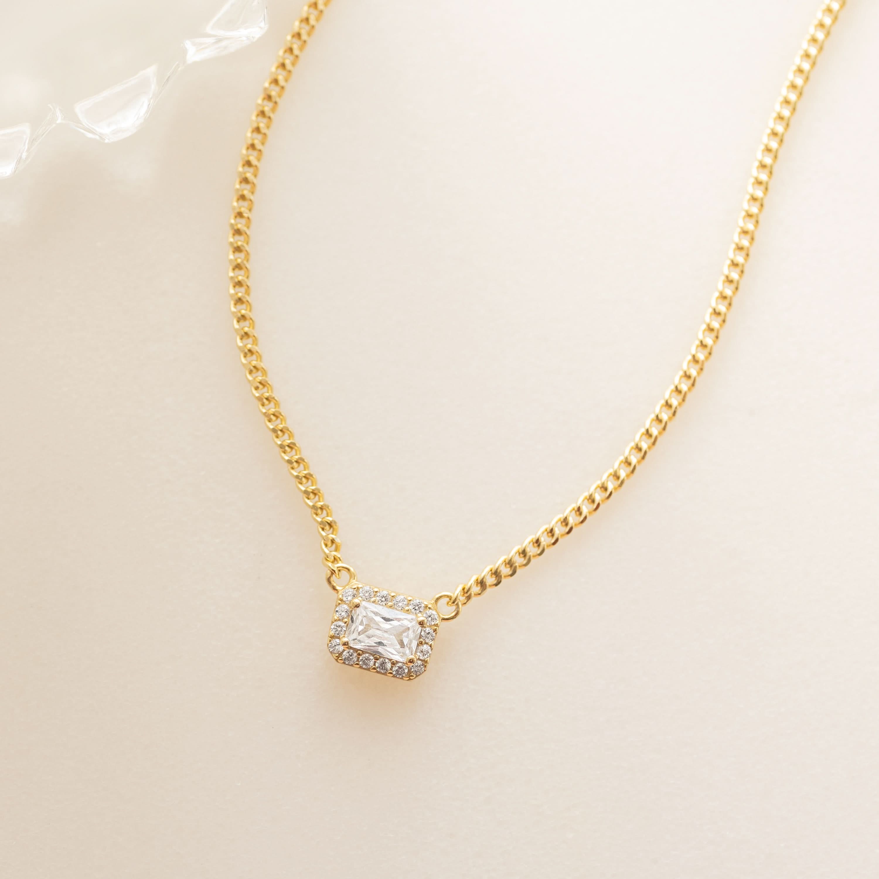 Halo Emerald Cut Necklace on Cuban Chain