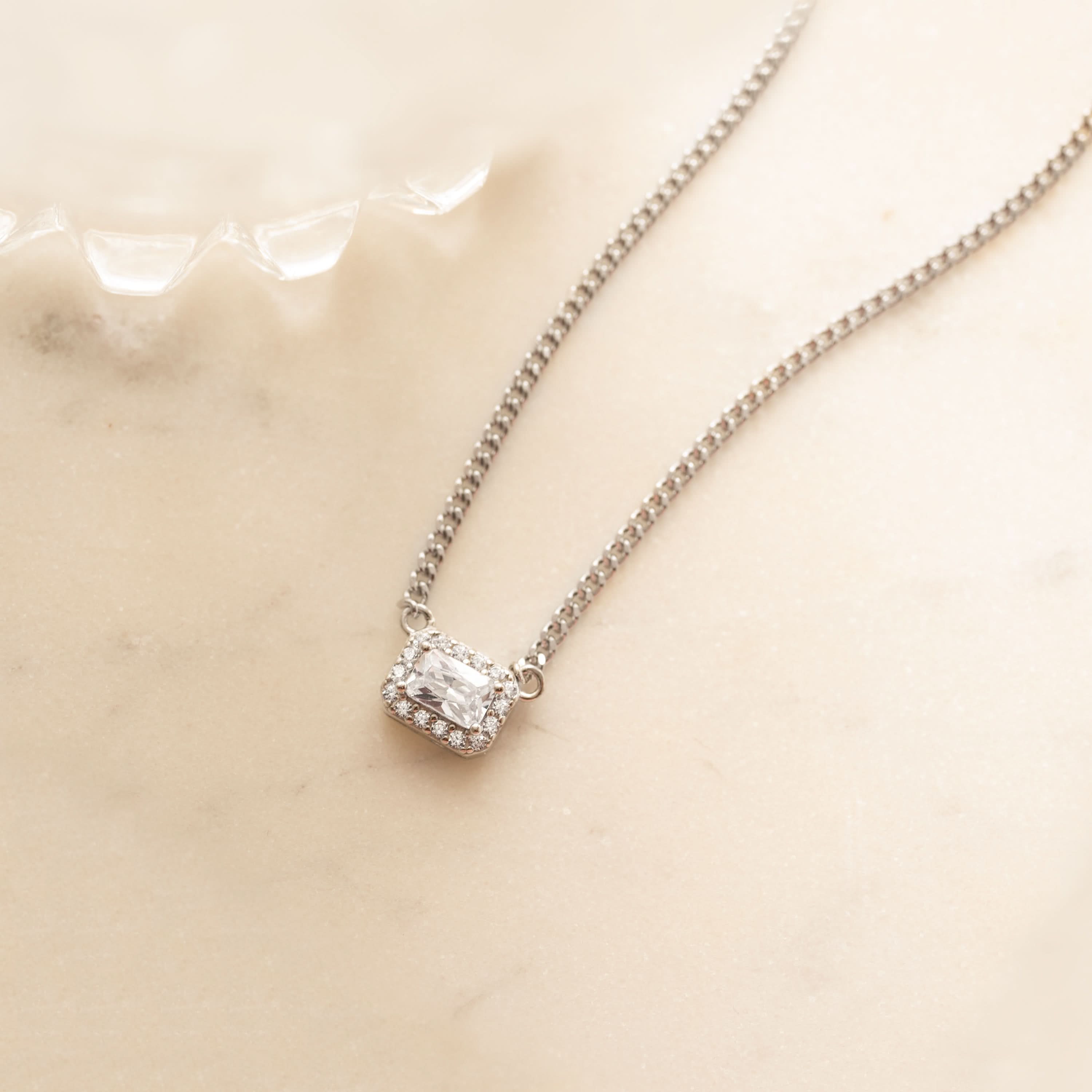 Halo Emerald Cut Necklace on Cuban Chain