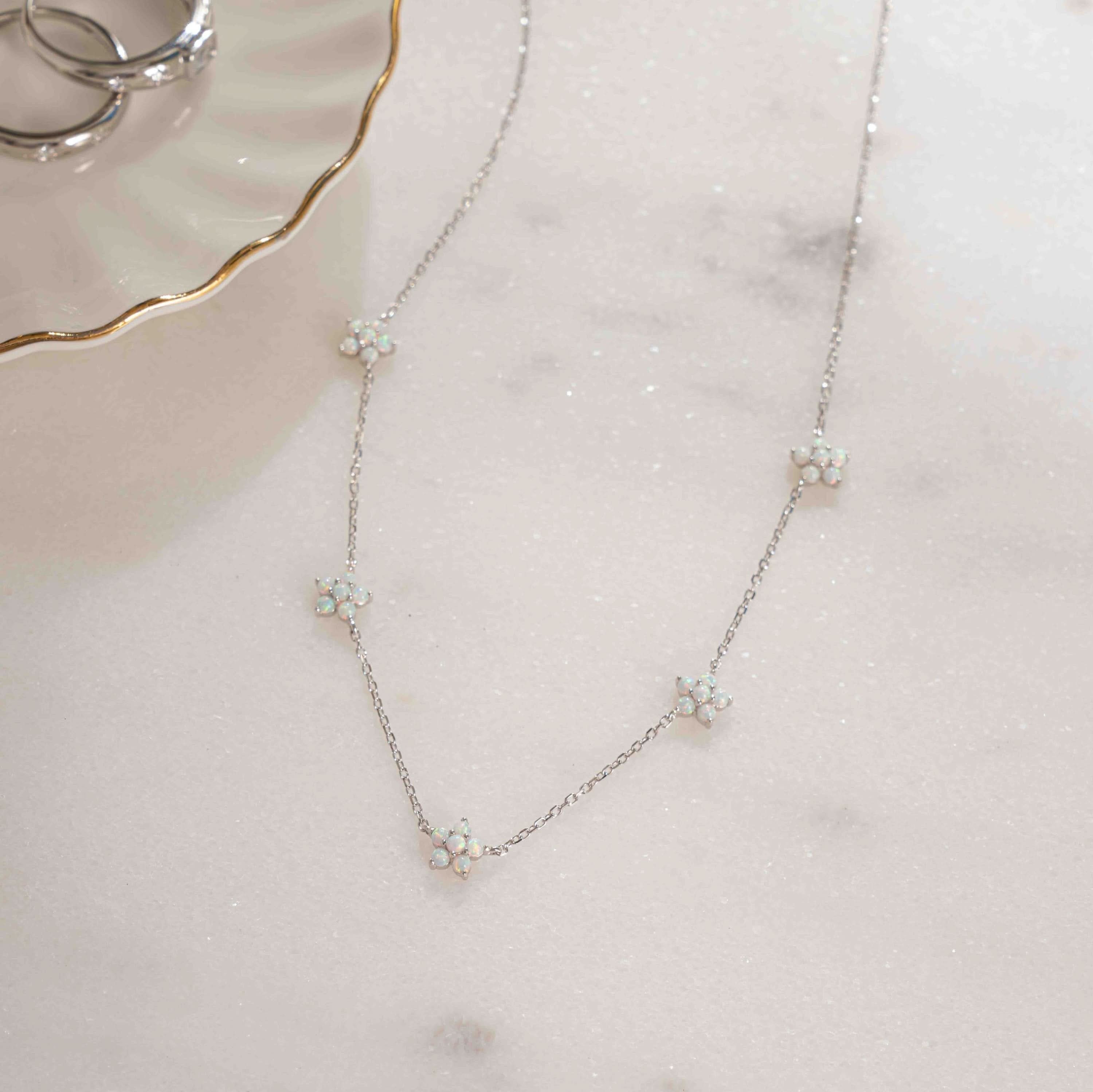 Opal Flower Charm Necklace
