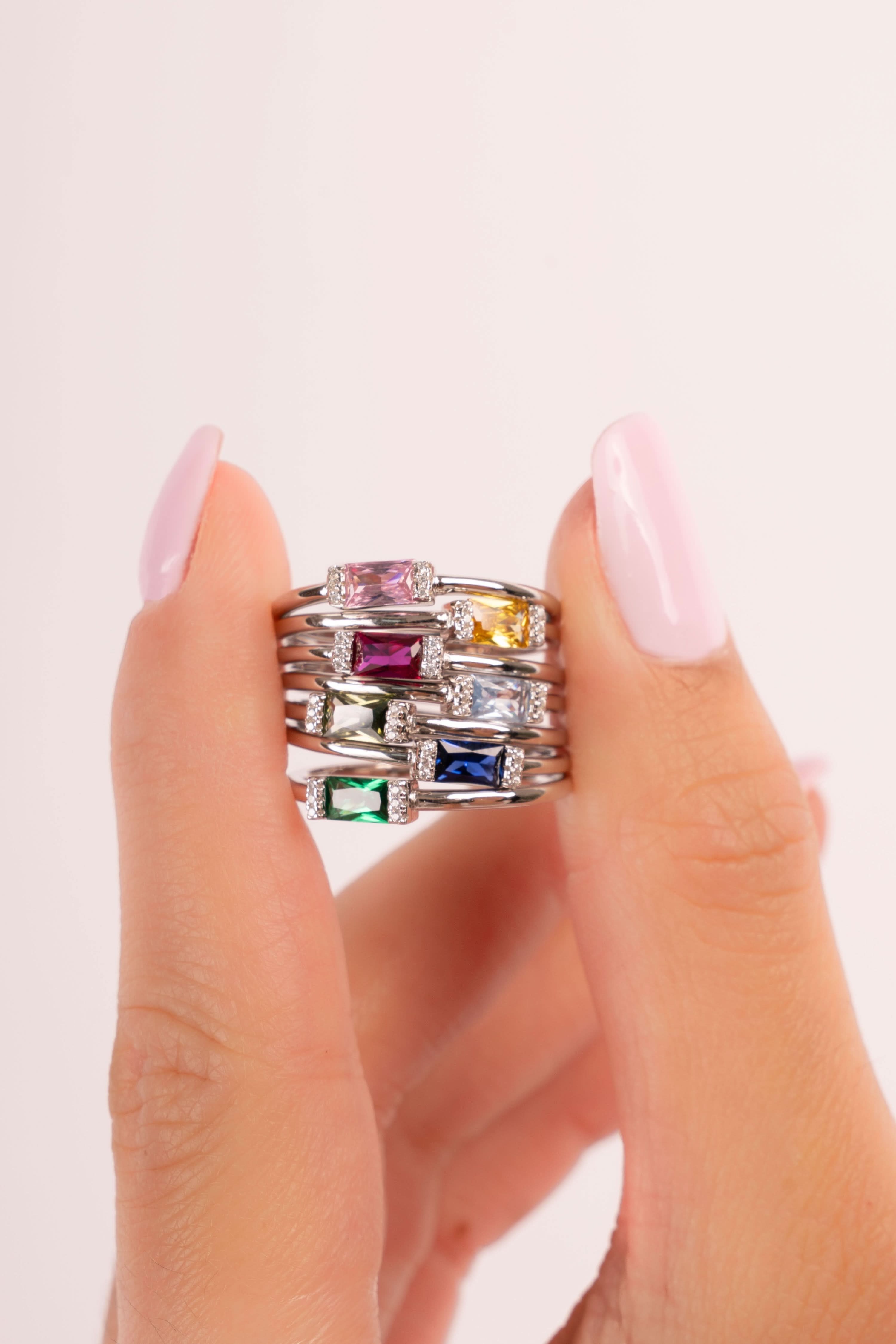 Silver Simple Baguette Birthstone Rings