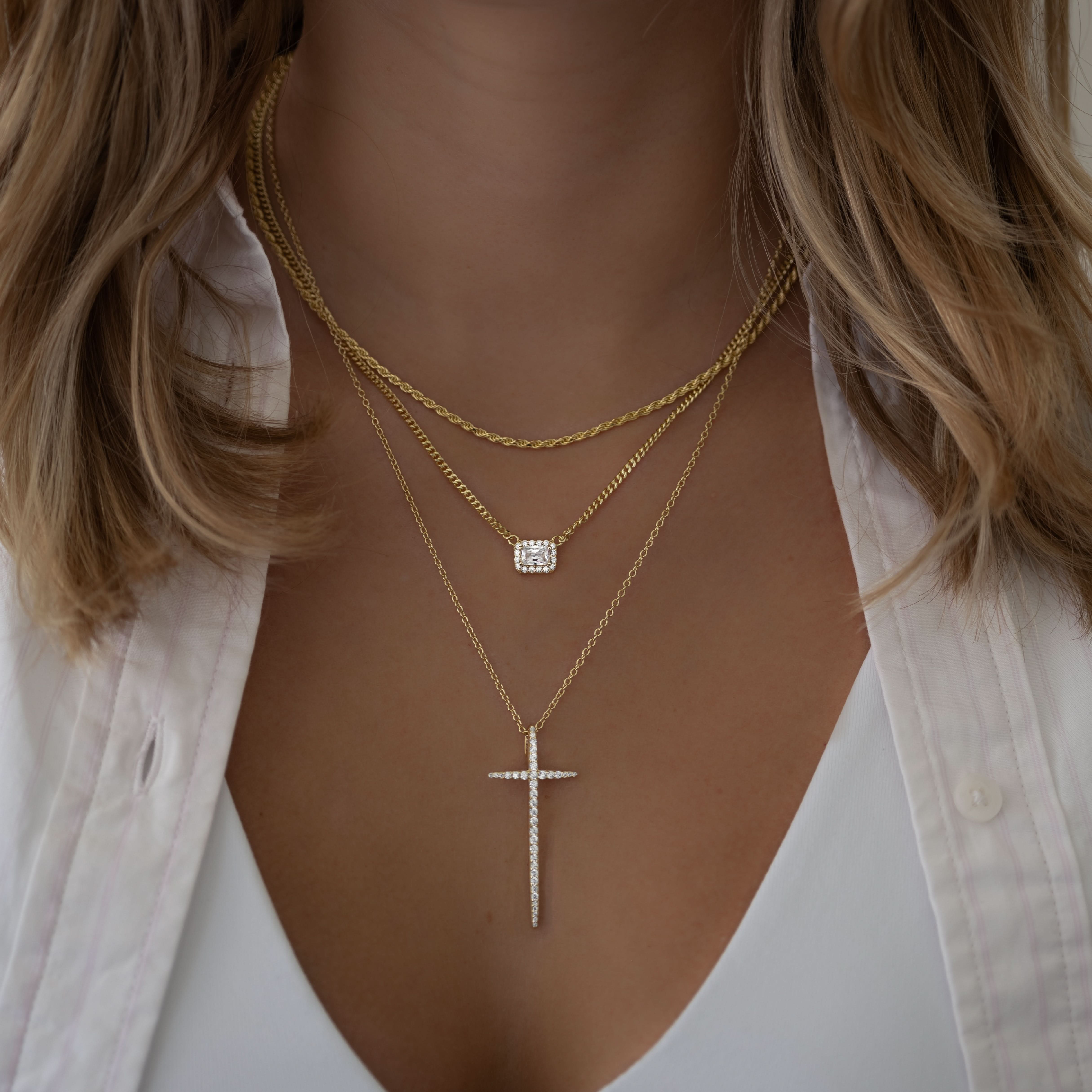 Halo Emerald Cut Necklace on Cuban Chain