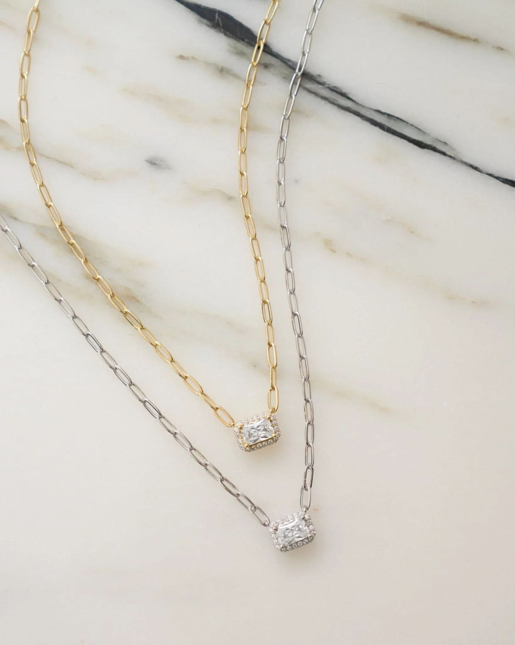 Halo Baguette Necklace w/ Paperclip Chain