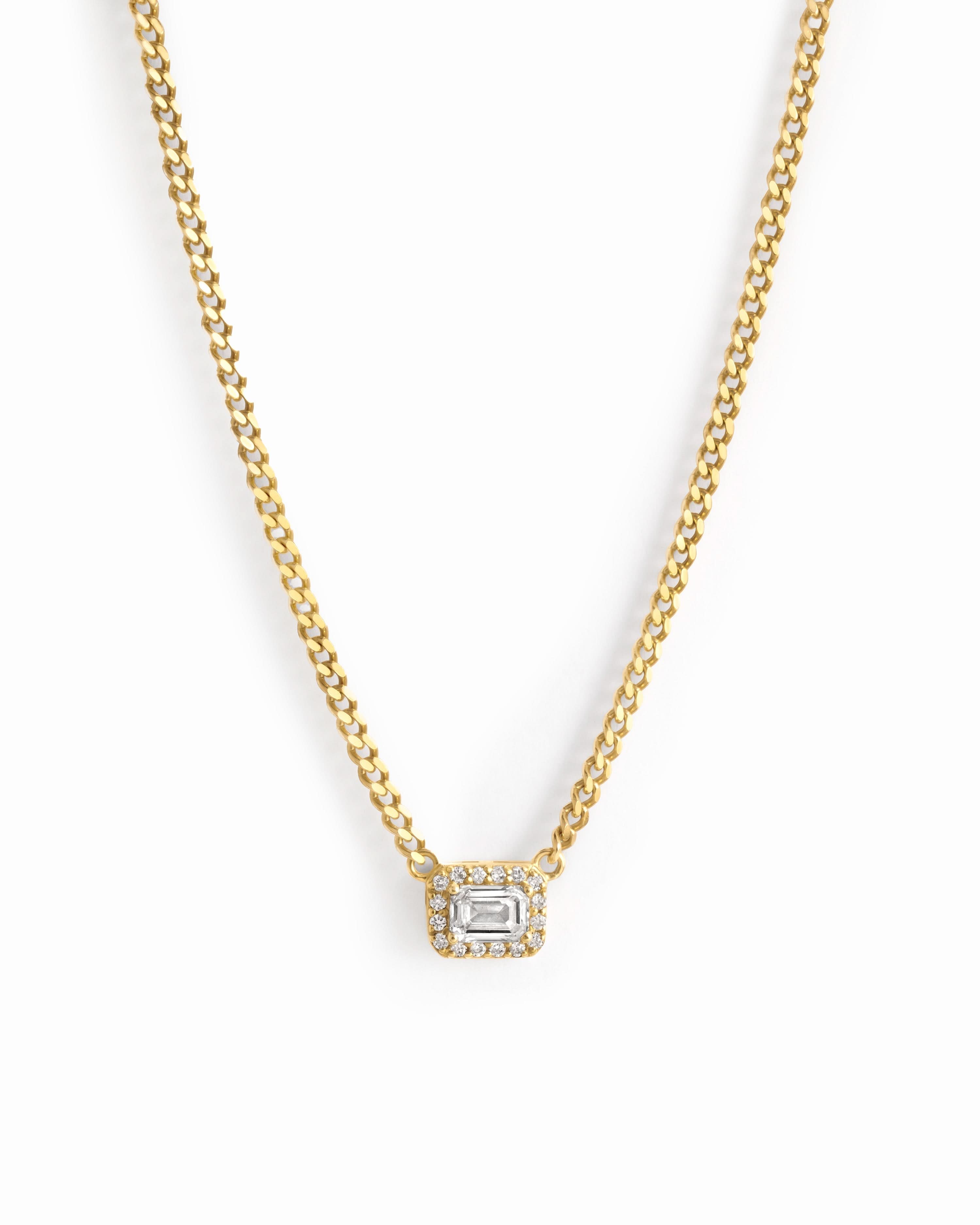Halo Emerald Cut Necklace on Cuban Chain