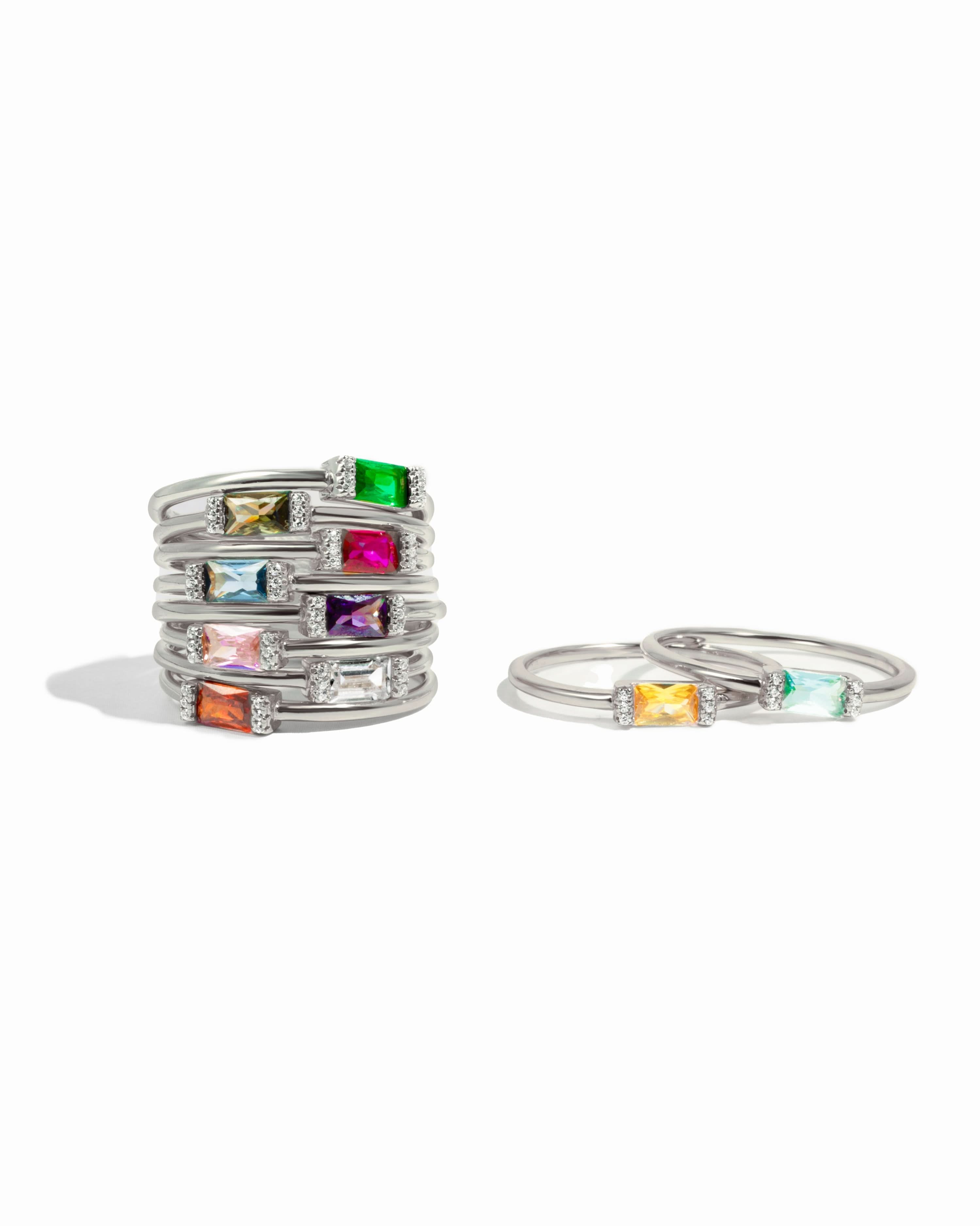 Silver Simple Baguette Birthstone Rings